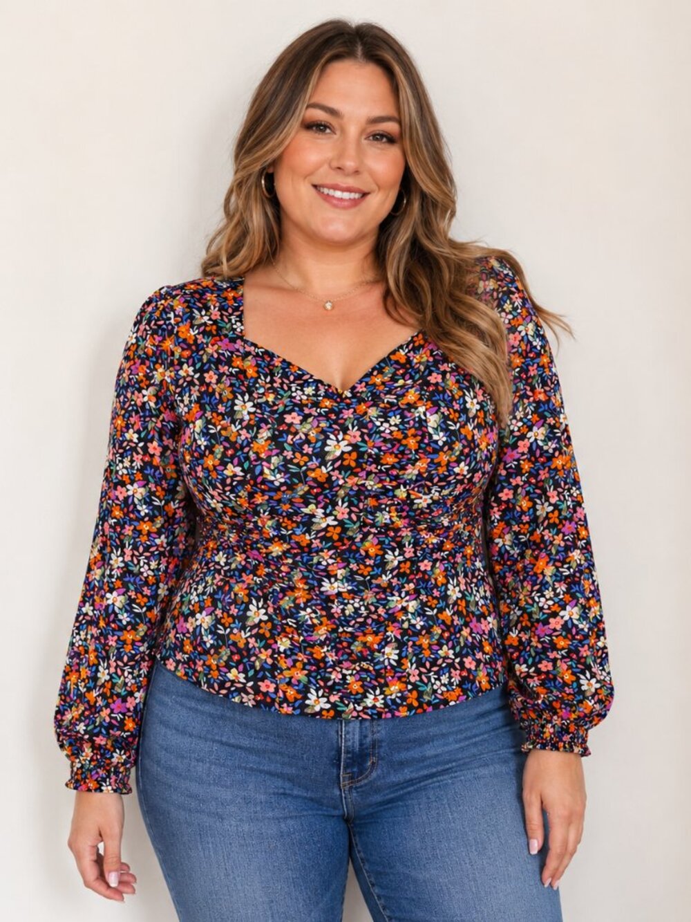 Black Floral Puff Sleeve V Neck Top Large NWT